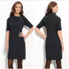 CALVIN KLEIN Sweater Dress XL Black Knit Asymmetric Zip Cowl Neck Workwear