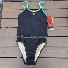 TYR Women's Hibiscus Highback Tankini Swimsuit Black W/flower SZ S New