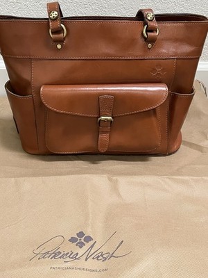 Patricia Nash Brown Tote Shoulder Bag Zip Top Buckle Pockets Studs Dust Bag