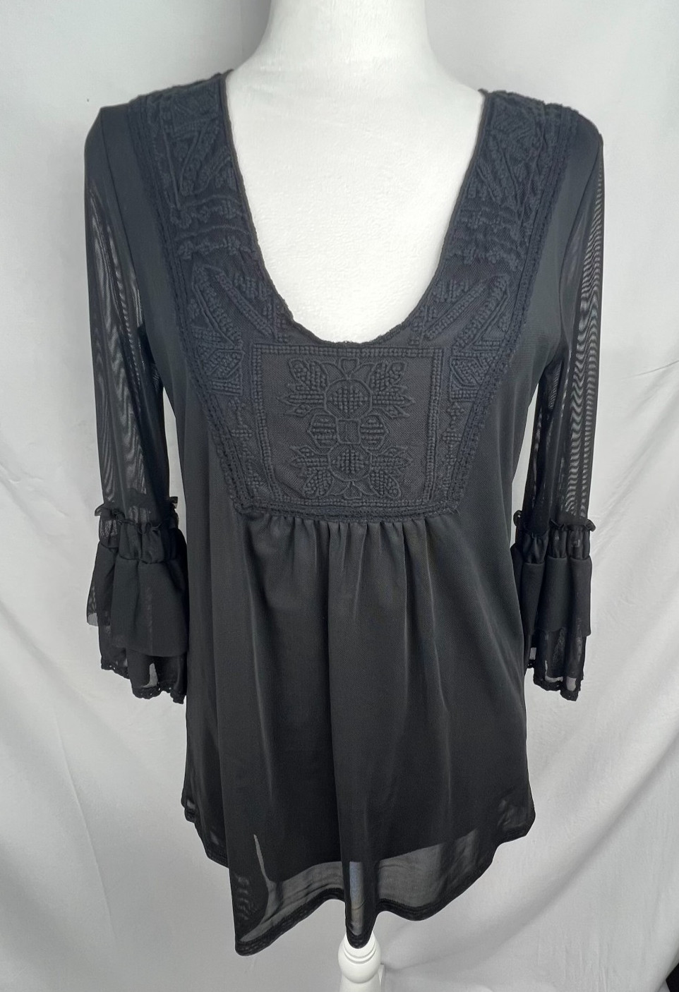 Womens S Black Embroidered Sheer Bell Sleeve Top Gothic Boho Whimsigoth Witchy