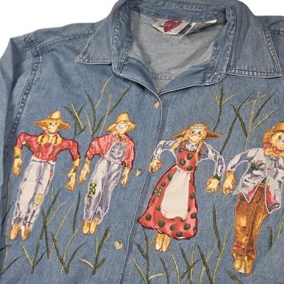 Keren Hart Scarecrow Fall Halloween Shirt Womens L Blue Denim Button Up Vintage