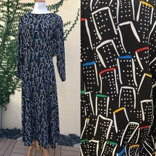1990 Kathryn Conover black city scape little houses black long sleeve midi dress