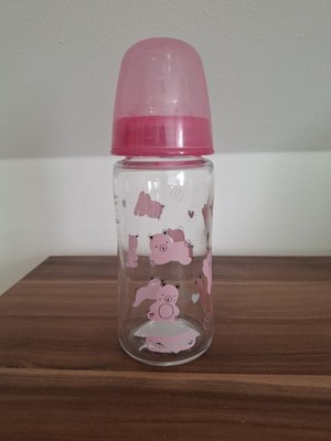 NEU! babylove Glasflasche 240ml (rosa Bären-Motiv) + neue Packung Sauger