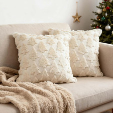 Christmas Tree Pillow Covers 18x18 Beige Faux Fur Holiday Decor Set of 2