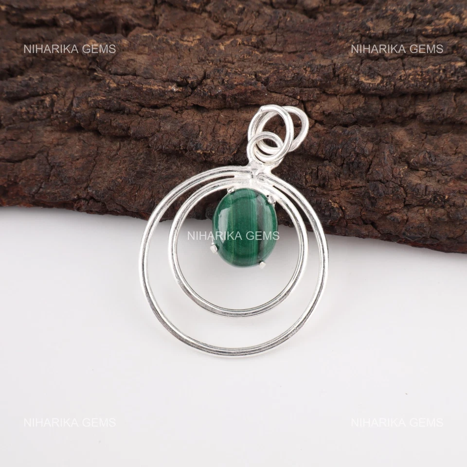 Pendente Elegante In Argento Sterling 925 Con Malachite Naturale Ovale - Immagine 4 di 4