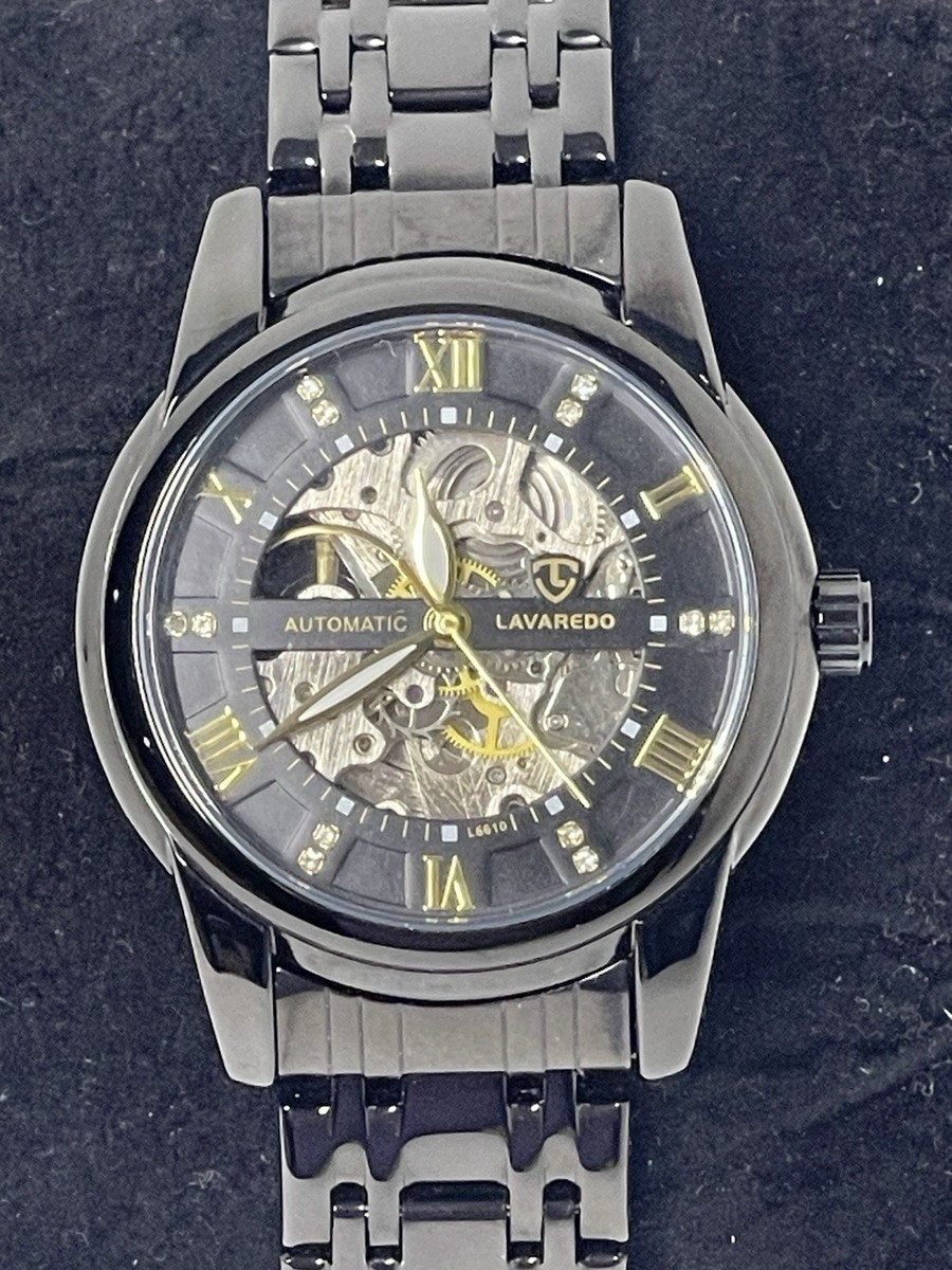 LAVAREDO Mens Black Skeleton Automatic Mechanical Watch Clear 42mm