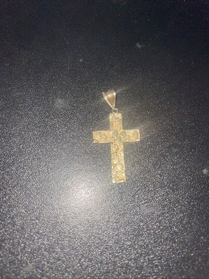 14K Solid Yellow Gold Nugget Cross Pendant - 2.3 Grams Textured Religious Jewelr