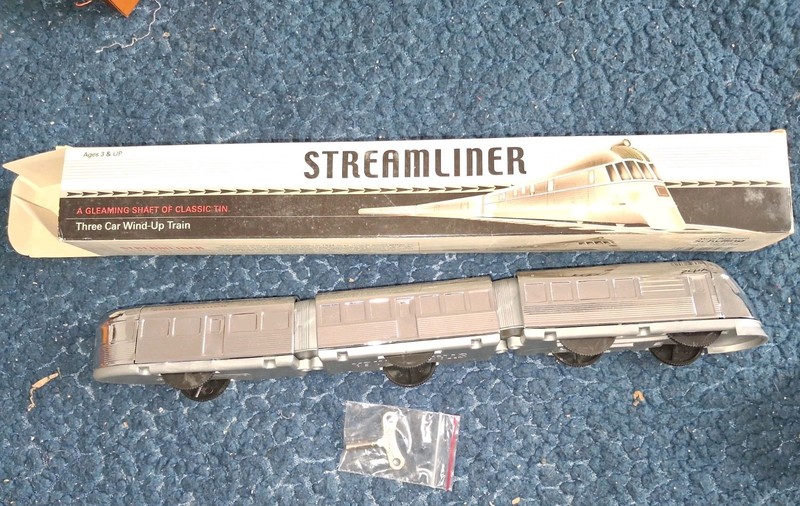 Schylling Streamliner Chrome Plated Tin Wind Up Three Car Train W/key Litho GL