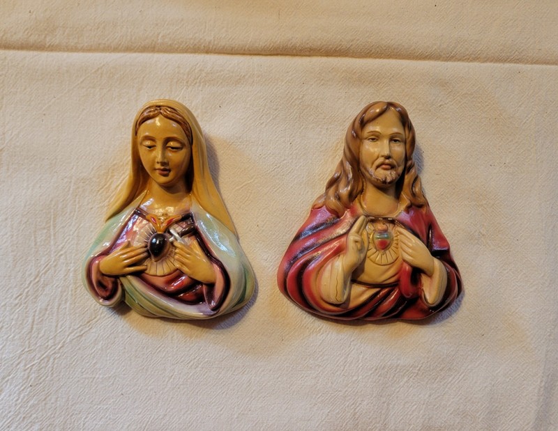 Vintage 1940s Chalkware 3D Madonna Virgin Mary & Jesus Religious Wall Hangings