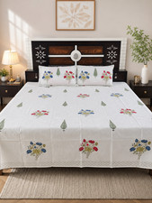 Hand Block Print King Size Bedsheet Set with Pillow Covers Floral Cotton Flat