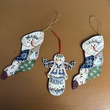 Hand Painted Wooden Christmas Ornaments 2 Snowmen Stockings 1 Snowman Angel