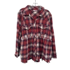 r2 Women's Plaid Button Up Top Empire Waist Orange/Multi Size 2XL Frayed