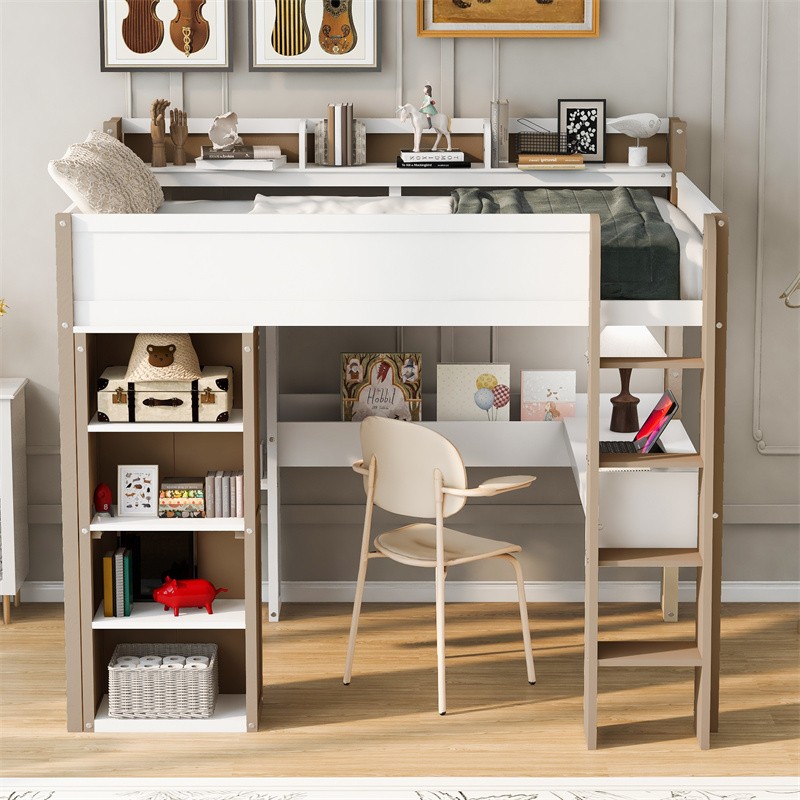 Full Size Wood Loft Bed with Desk & Storage Shelves Space Saving Bunk Bed Frames