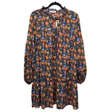 Kirundo Floral Boho Ruffle Mock Neck Keyhole Balloon Sleeve Prairie Midi Dress M