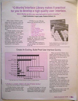 C-Worthy Interface Library brochure, 1989. For developing user interfaces on PCs