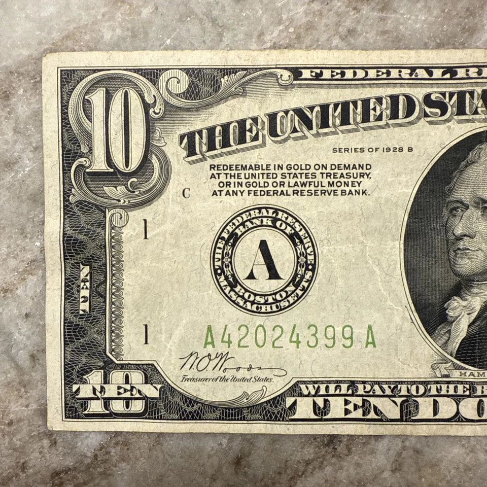 1928B $10 FRN (Boston) Fr. 2002A Light Green Seal VF+ - Image 2 of 4