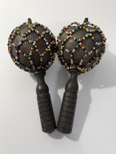 Pair Beaded Wood Maracas Lightweight Hand Percussion Brown Multicolor Beads
