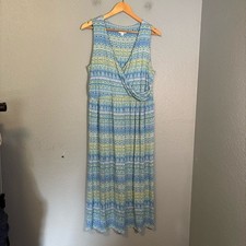 J. Jill Blue and Green Zigzag Printed Faux Wrap Maxi Dress Large Petite Beachy