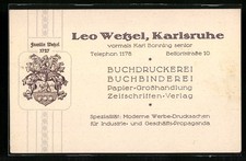 Vertreterkarte Karlsruhe, Leo Wetzel, Buchdruckerei, Belfortstraße 10, Wappen d 
