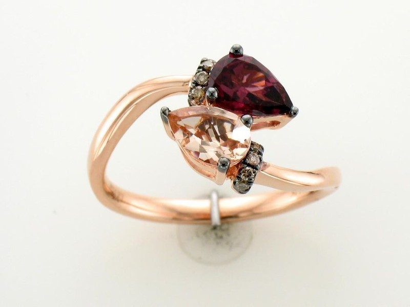LeVian 14K Rose Gold Pear Morganite Rhodolite Diamond Band Ring for Her Sz 5.25