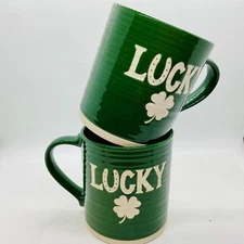 Spectrum 2 Set Irish Themed Green White Coffee Cup Mug Horseshoe 4 Leaf Clover