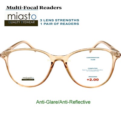 MIASTO MULTI-FOCAL COMPUTER READING GLASSES+2.00 NO LINE ANTI-GLARE~ORANGE BROWN