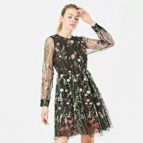 Black floral hotsell embroidered mesh dress