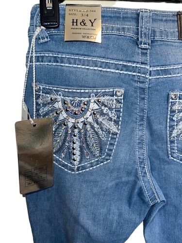 Womens Rhinestone Studded Flare High Waist Bootcut Denim Jeans 3/4 - Picture 3 of 11
