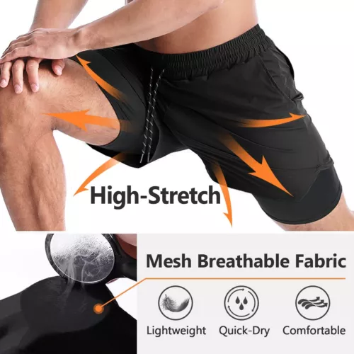 Men's 2 in 1 Shorts Workout Running Shorts Training Yoga Gym With Phone Pocket - Picture 7 of 30