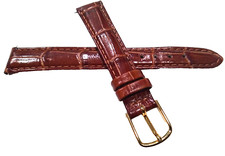 New Brown Embossed Simulated Crocodile Grain 14mm Watch Band Gold Tone Buckle