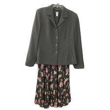 Jones NY Suit 12 Blazer Silk Skirt Set Seperates Olive Green Floral Career Work