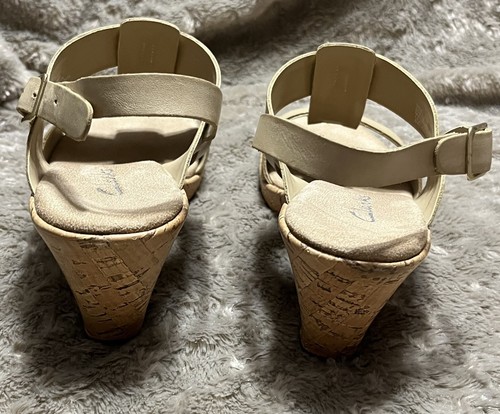 Clarks Rose bequeme beige Leder Slingback Kork Keilabsatz Sandalen 35812 Damen 7M - Bild 4 von 19