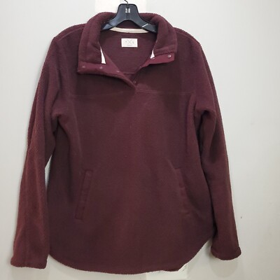 Thread and Supply Sherpa Fleece Sweater Womens Red Jacket Button Solid Pullover