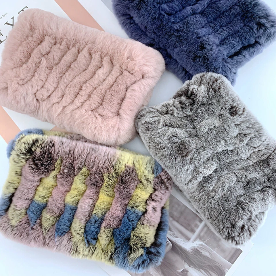 Diademas de piel de conejo Rex real hechas a mano para mujer bufandas invierno cálido elástico rebotar Foto 4 de 4