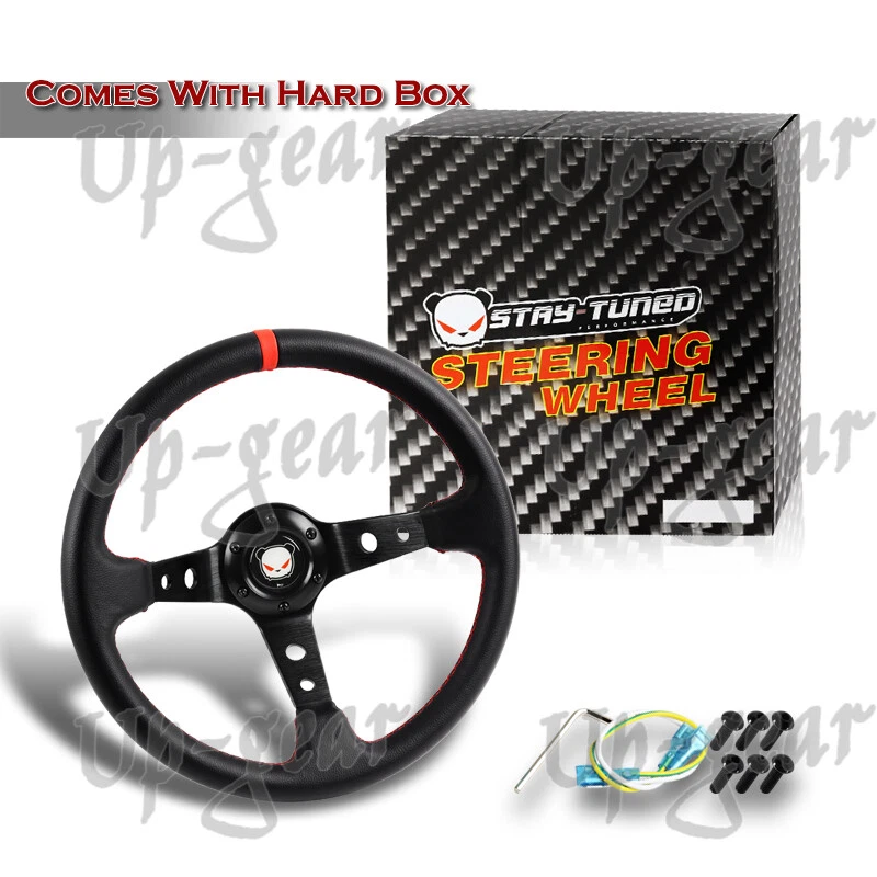 Universal 350mm Deep Dish Red Stitched Black PVC Leather 6 Hole Steering Wheel - Image 4 of 4