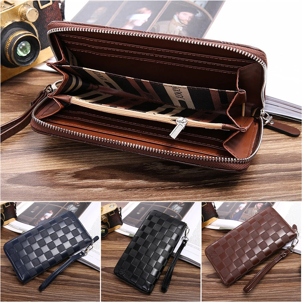 Men Leather Wallet Zip Around Long Wallet Card Holder Clutch with Wristlet Strap