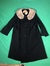 Vintage Womens Knee Length Fur Colar Coat Black Size 42A With Tags