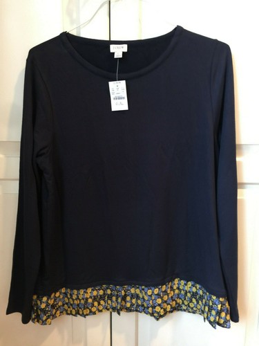 JCREW Factory Boatneck Top Navy Blue With Drapey Pleated Floral Hem Sz Large NEW - 第 7/12 張圖片