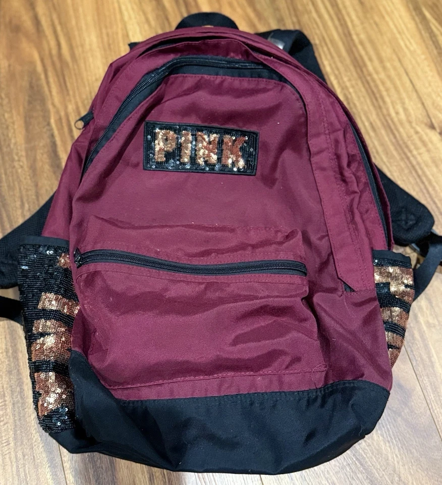 Mochila Campus Victoria's Secret Rosa Bling Rubí Profundo Lentejuelas Oro Rosa RARA