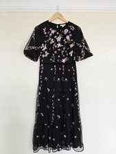 Monsoon Emma Floral Embroidered Black Tulle Midi Dress UK10 Very Good Condition