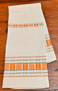 Expertly Handwoven Linen Hand Towel/Beautiful Orange & Green/White Field/13x 22"