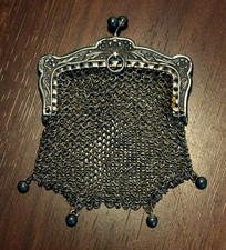 Antique Sterling Silver Mesh Coin Purse  Ornate Victorian Floral Frame  4 Ball