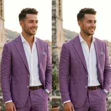 Summer Breathable Linen Men's Suits 2 Piece Suit Set Beach Wedding Groom Holiday