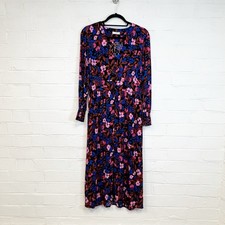 Hush Midi Dress UK 10 Blue Black Pink Floral Long Sleeve High Neck Lightweight