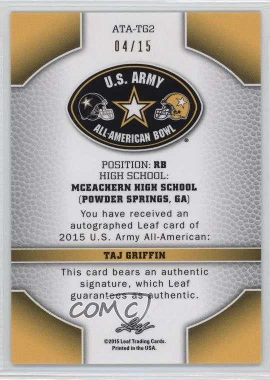 2015 Leaf US Army All-American Bowl Purple Prismatic /15 Taj Griffin Auto - Image 2 of 2