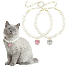 Cat Dog Pearl Collar, Small Heart Shape M, White/Pink, 2Pcs 