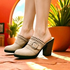 Dr. Scholl's Y2K Mule Clog Buckle Nubuck Leather Taupe Womens 8