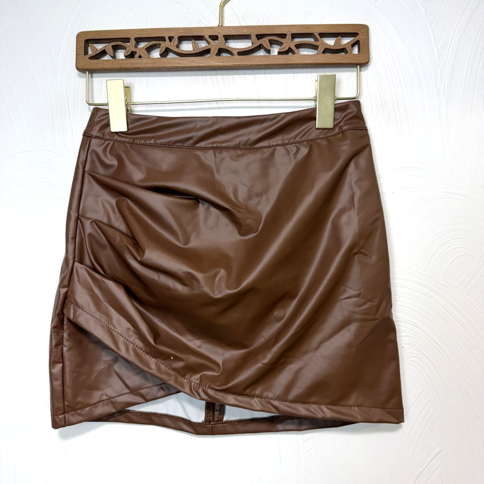 Shein Women's Brown Faux Leather Ruched Zip Up Mini Bodycon Skirt Size XS