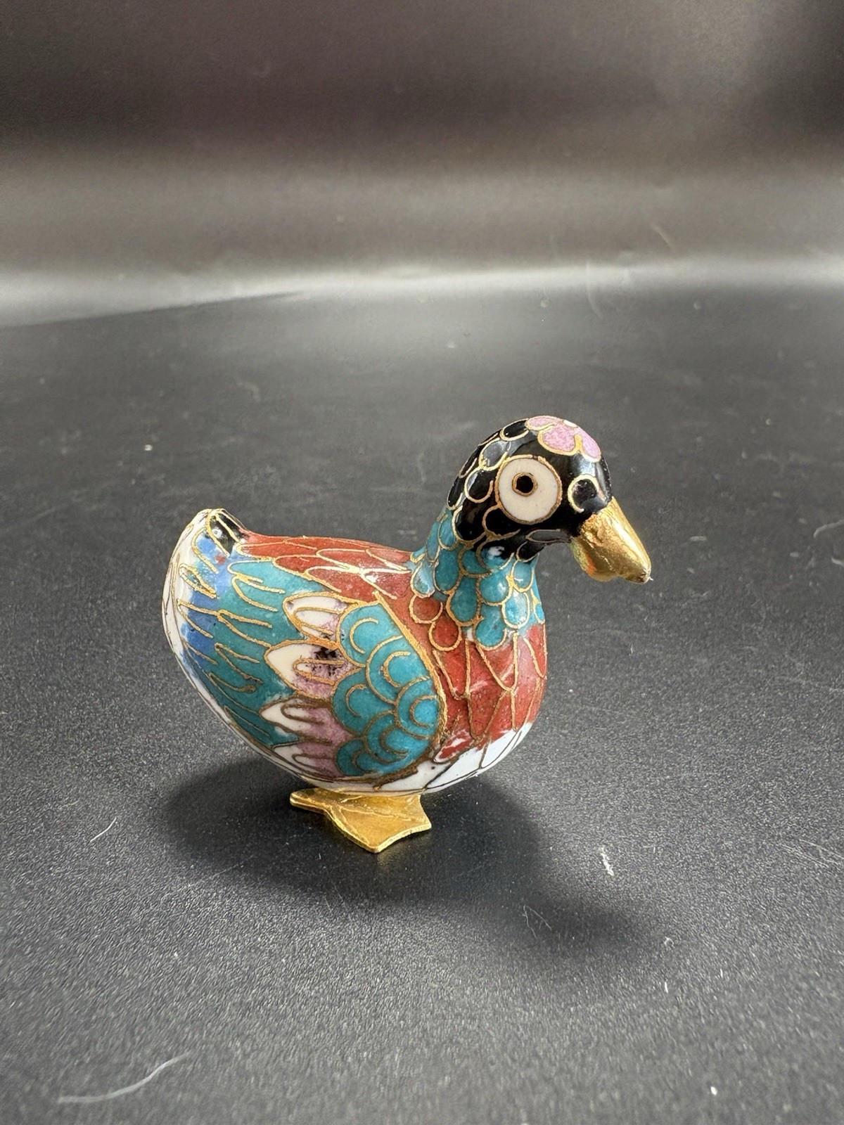 Vintage Cloisonne Duck Figurine Enamel and Brass Traditional Chinese Technique