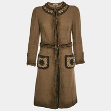 Prada Brown Wool Tweed Coat Bead Embellished MidLength Coat M